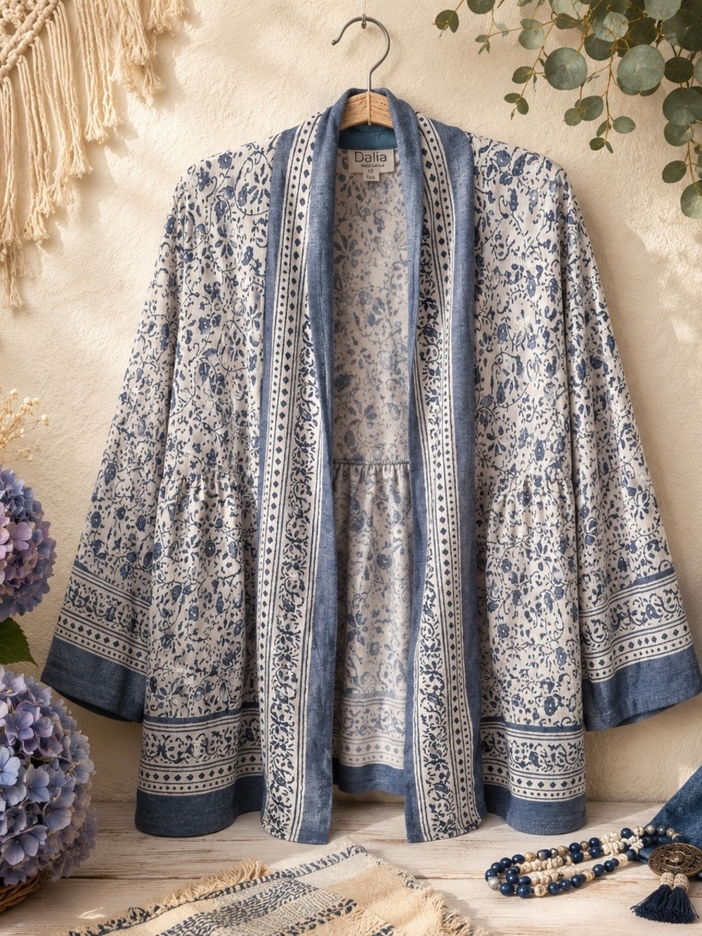 Dalia Boho Blue and White Floral Open-Front Kimono Cardigan L
